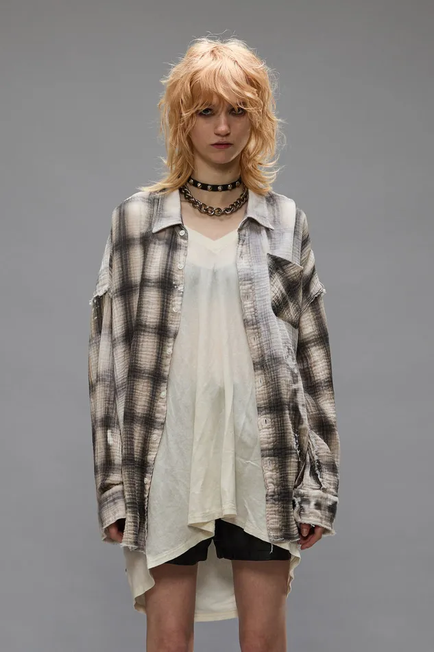 Women Tops R13 Shredded Seam Drop Neck 8211 Printed Grey Plaid
