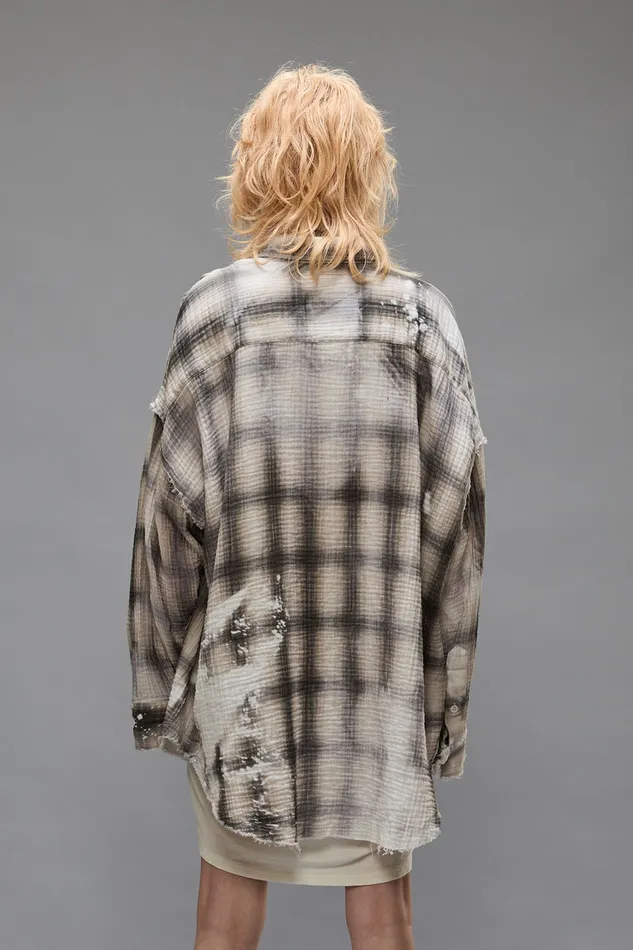 Women Tops R13 Shredded Seam Drop Neck 8211 Printed Grey Plaid