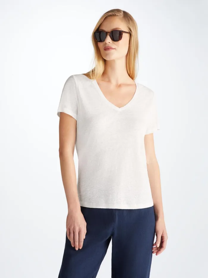 Women VNeck TShirt Jordan Linen White Derek Rose Short Sleeve TShirts