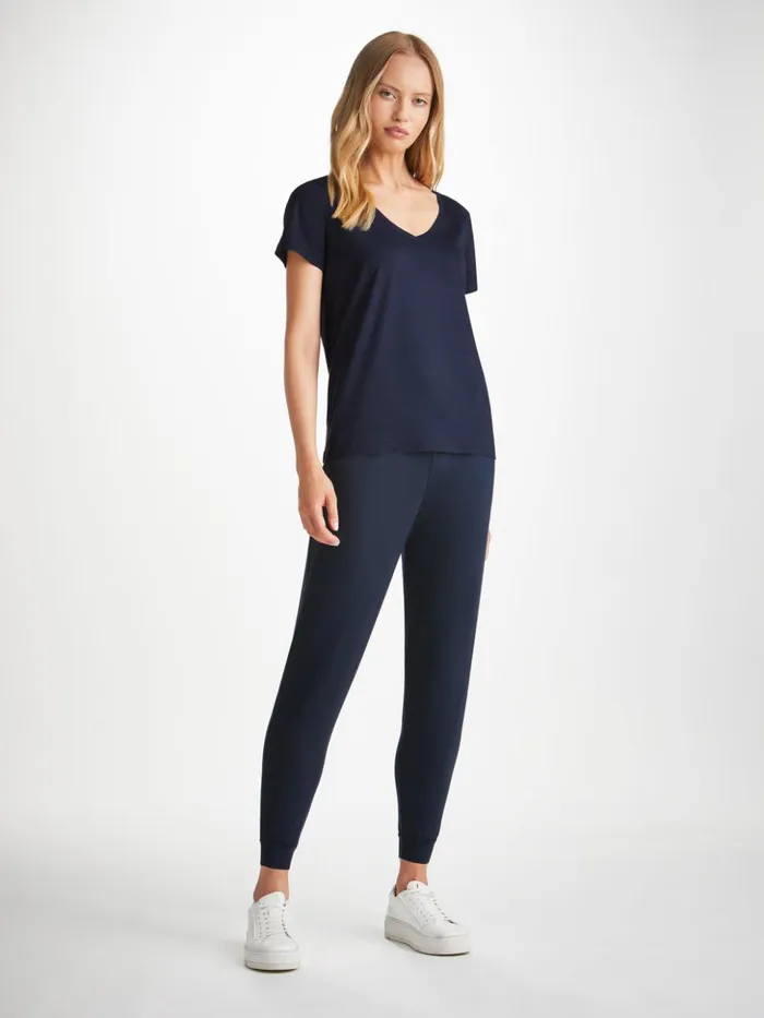 Women VNeck TShirt Lara Micro Modal Stretch Navy Derek Rose Short Sleeve TShirts