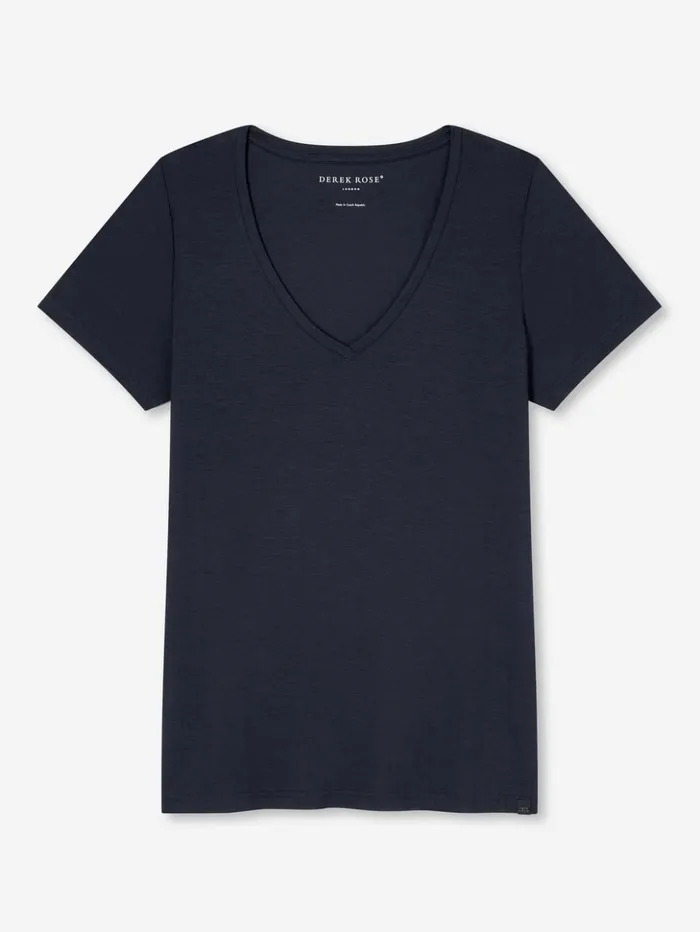 Women VNeck TShirt Lara Micro Modal Stretch Navy Derek Rose Short Sleeve TShirts