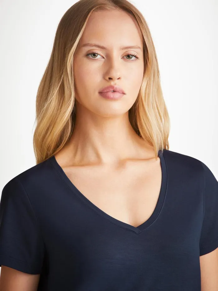 Women VNeck TShirt Lara Micro Modal Stretch Navy Derek Rose Short Sleeve TShirts