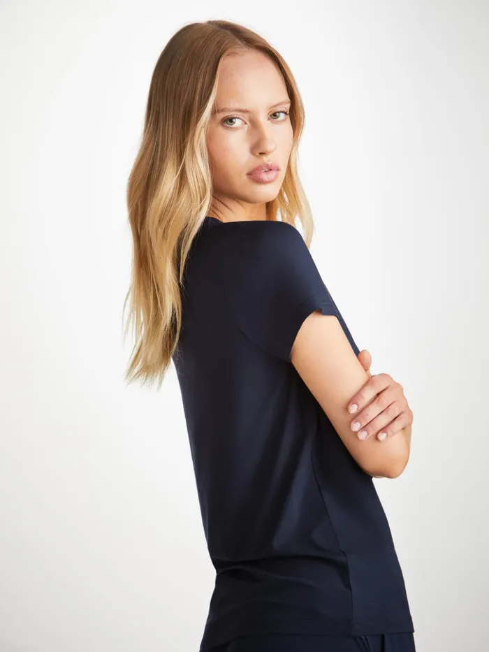 Women VNeck TShirt Lara Micro Modal Stretch Navy Derek Rose Short Sleeve TShirts