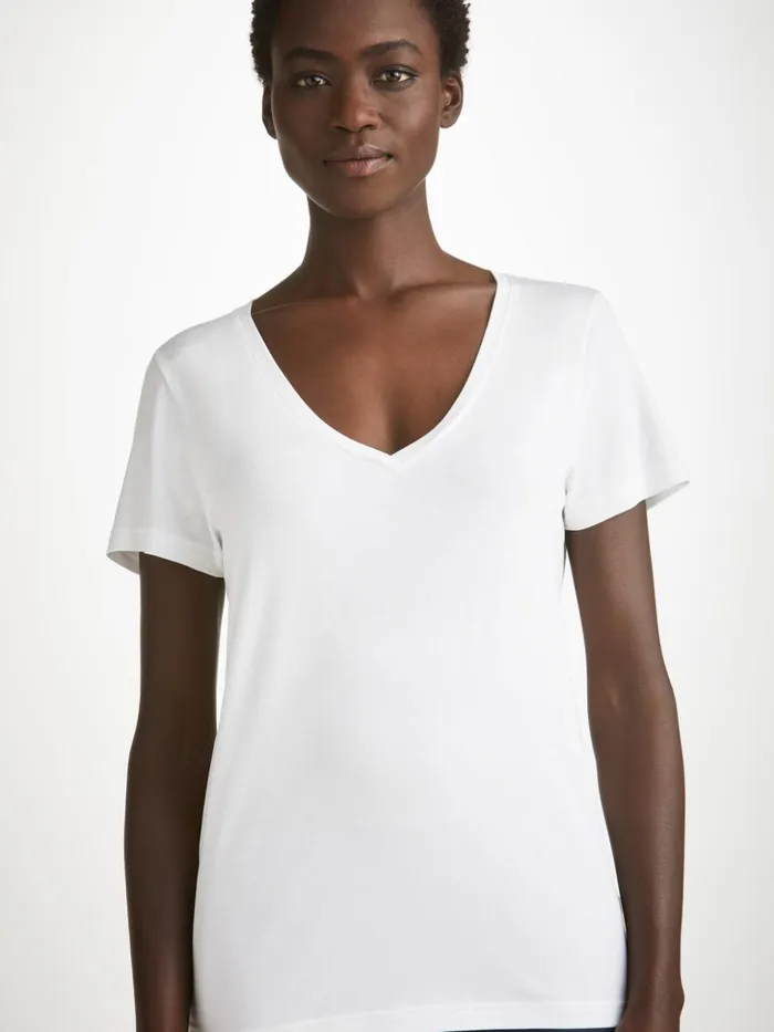 Women VNeck TShirt Lara Micro Modal Stretch White Derek Rose Short Sleeve TShirts