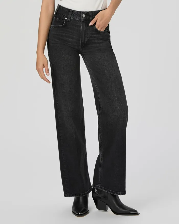 Women Wide Leg PAIGE Sasha Petite 30 Inch Wide Leg Jean 8211 Viper Black Distressed