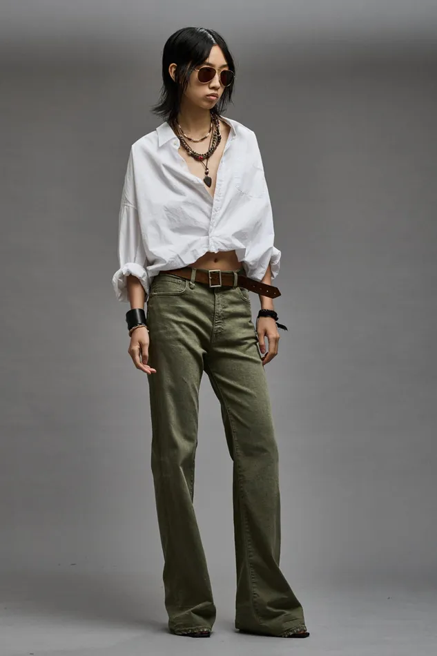 Women Wide Leg R13 Jane Jean 8211 Olive Green Stretch