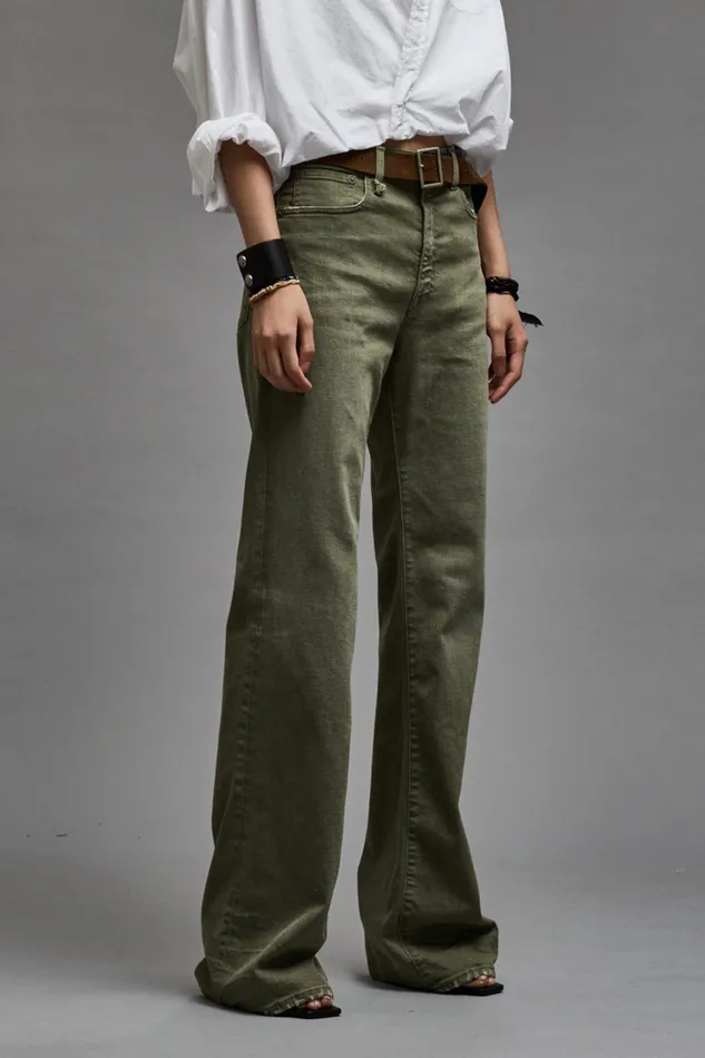 Women Wide Leg R13 Jane Jean 8211 Olive Green Stretch