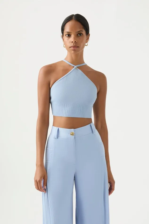 Xanthe Halter Knit Crop Top Steel Blue Women Aje Tops
