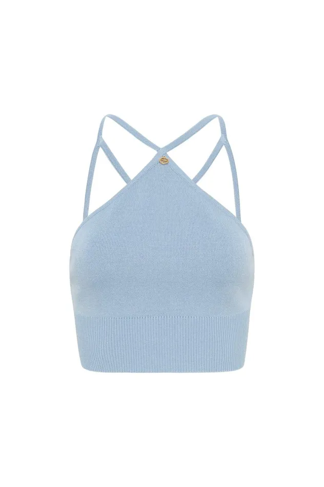 Xanthe Halter Knit Crop Top Steel Blue Women Aje Tops Xanthe Halter Knit Crop Top Steel Blue Women Aje Tops
