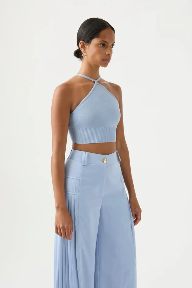 Xanthe Halter Knit Crop Top Steel Blue Women Aje Tops Xanthe Halter Knit Crop Top Steel Blue Women Aje Tops
