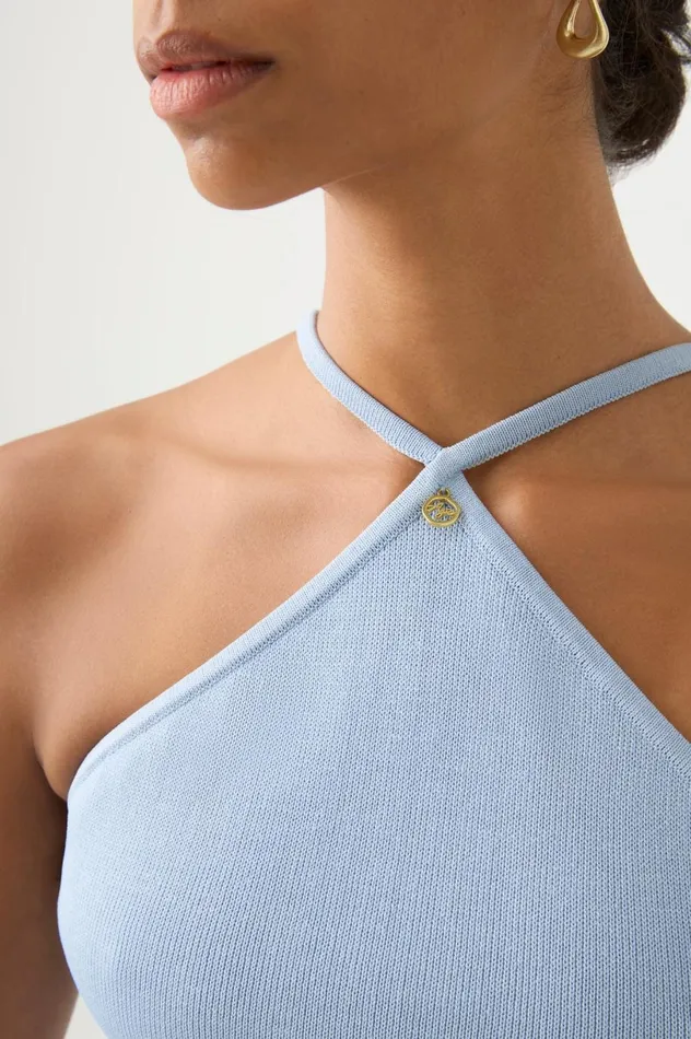 Xanthe Halter Knit Crop Top Steel Blue Women Aje Tops Xanthe Halter Knit Crop Top Steel Blue Women Aje Tops